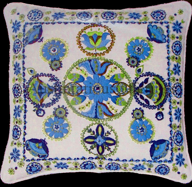 Rare Blue Green Dutch FolkArt Floral CrewelEmbroidery Pillow Kit