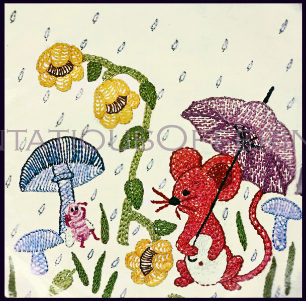 Rare Folk Art Mouse Crewel Embroidery Kit Rainy Day