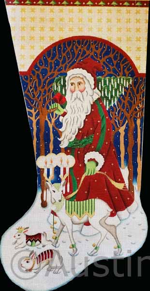 Rare Shirley HandPainted Forest Santa NeedlepointStocking Canvas