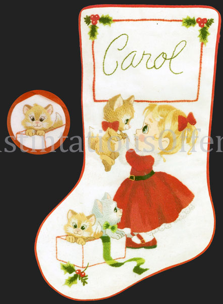 Rare Marchie Crewel Embroidery Christmas Stocking Kit Girl Kitty