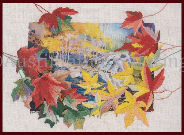 Rare Brent Autumn Woods Waterfall Crewel Embroidery Kit Leaves