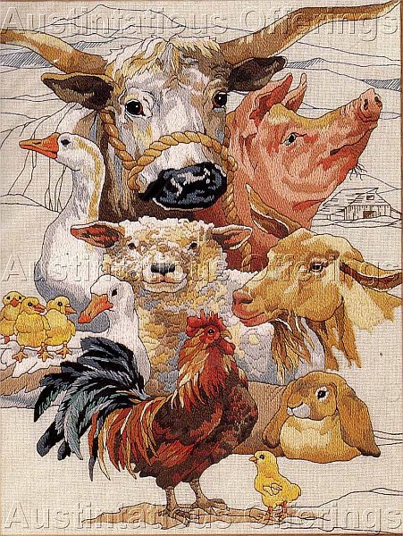 Rare Gillum Farm Animal Crewel Embroidery Kit Rooster Longhorn