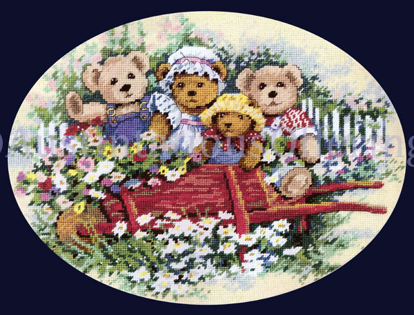 Rare Barton Springtime Teddy Bears Needlepoint Kit WheelBarrow