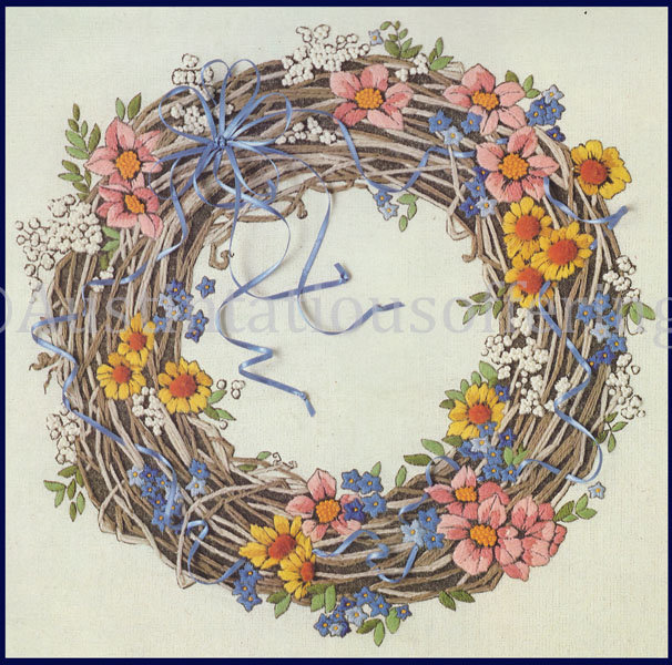 Rare Avery Country Floral Grapevine Wreath Crewel Embroidery Kit
