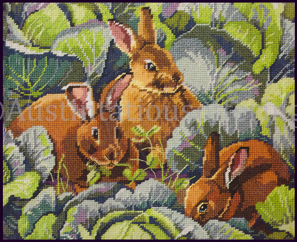 Rare Rossi RabbitGarden Needlepoint Kit Bunnies In Cabbage Patch