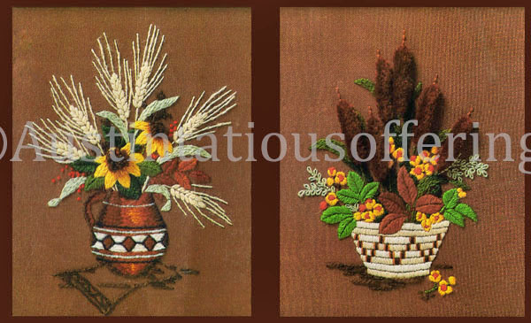 Rare Parfionow Floral Duo Crewel Embroidery Kit Cattails Daisies