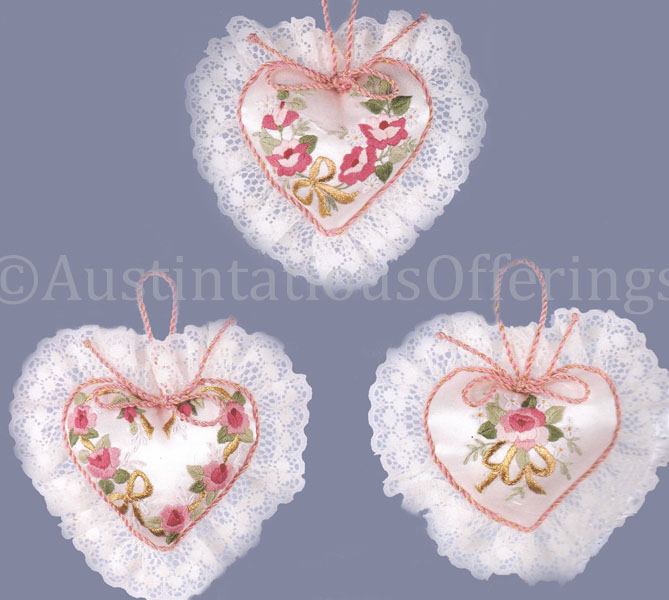 Rare Christmas Holiday Satin Heart Ornaments Set Embroidery Kit