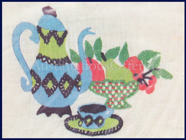 Rare Funky Blue Coffee Service Crewel Embroidery Kit Fruit Bowl