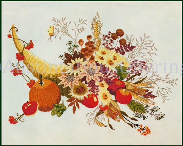 Rare Autumn Cornucopia Crewel Embroidery Kit Fall Harvest