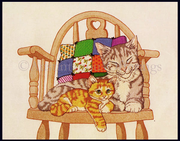 Rare Powell Cozy Kitties in Wooden Chair Crewel Embroidery Kit