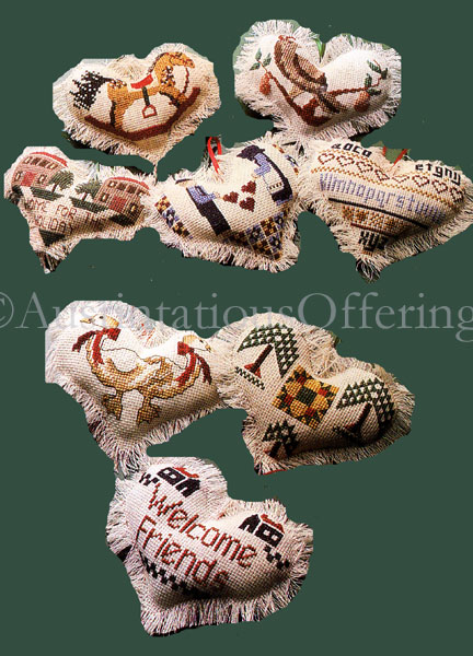 Rare Folk Art  Hearts Country Christmas Cross Stitch Ornaments Set Kit