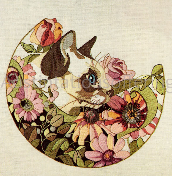 Rare Shearer Cat in Summer Garden Crewel Embroidery Kit Roses