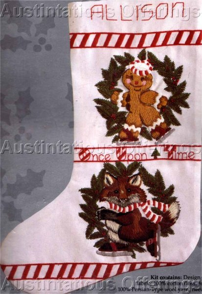 Story Time Christmas Crewel Embroidery Stocking Fox Gingerbread