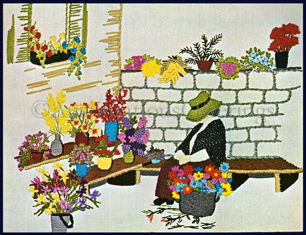 Rare Street Market Lady Flower Vendor Crewel Embroidery Kit