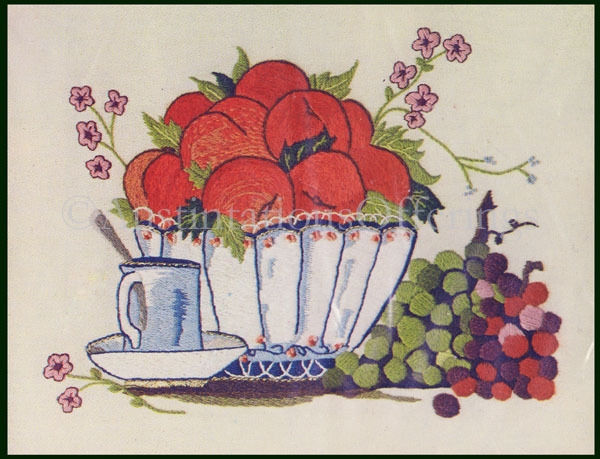 Rare Bountiful Bowl Of Fruit Crewel Embroidery Kit Apple Grape