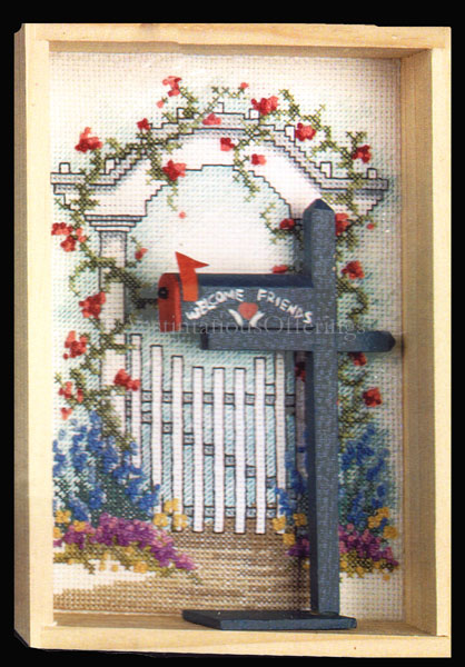 Rare LeClair Garden Gate CrossStitch Shadowbox Kit Mailbox