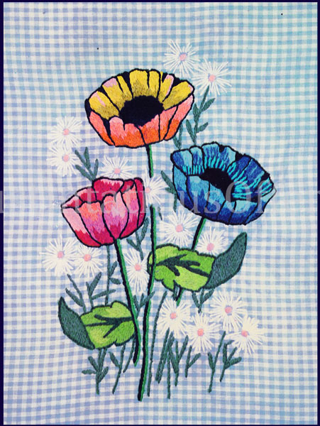 Charming Blue Gingham Check Poppies Crewel Embroidery Kit
