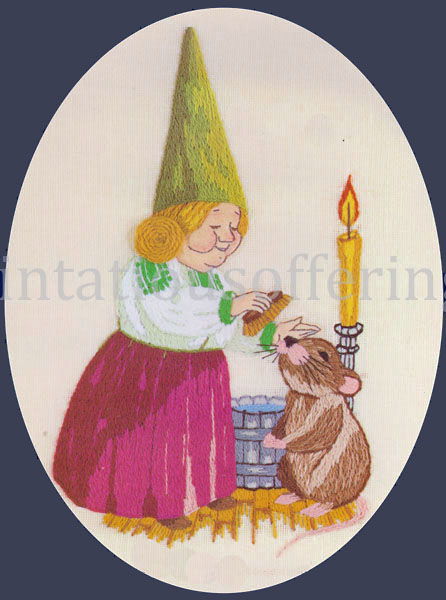 Rare Poortvliet Lady Gnome Crewel Embroidery Grooming Pet Mouse
