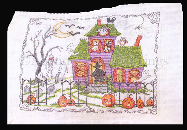Rare Halloween House  Stamped Cross Stitch Lap Quilt Top