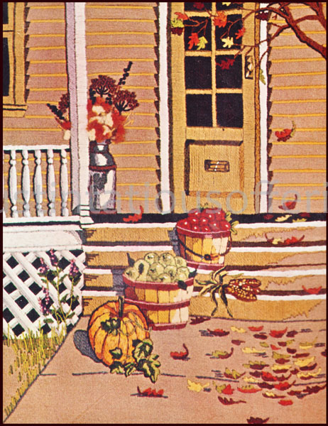 Rare Nostalgic Fall Porch Crewel Embroidery Kit Harvest Time