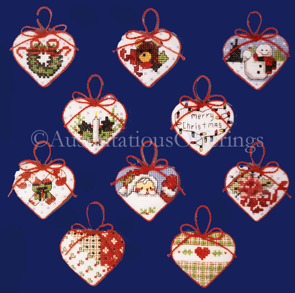 Rare Christmas Holiday Heart Ornaments Set Cross Stitch Kit