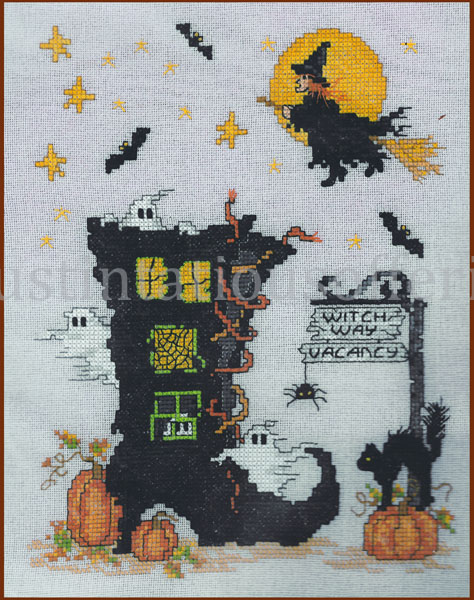 Rare Hillis Halloween Fun Cross Stitch Kit Witch Flying Home
