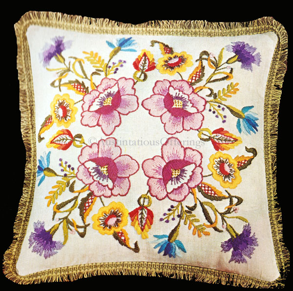 Rare Vibrant Jacobean Floral Crewel Embroidery Pillow Kit
