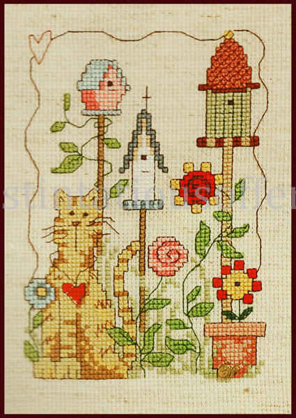 Rare Arthurs Folk Art Kitty In Garden Country Cross Stitch Kit