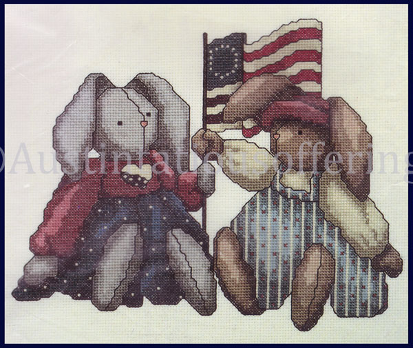 Rare Lynne Patriotic FolkArt Liberty Bunnies Cross Stitch Kit