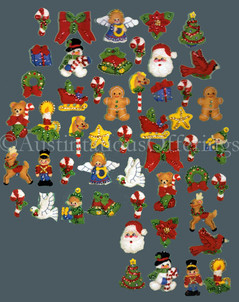 Felt Applique Set of Fifty Holiday Assortment Ornaments