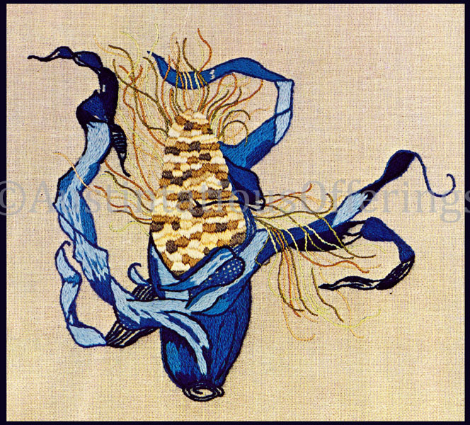 Rare Fielding Blue Gold Maize Corn Crewel Embroidery Panel Kit