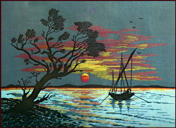 Rare Veres Lone Fishing Boat Crewel Embroidery Kit Water Sunset