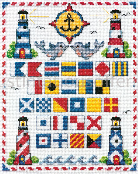 Rare Nautical Cross Stitch Sampler Kit Lighthouses Flag Alphabet