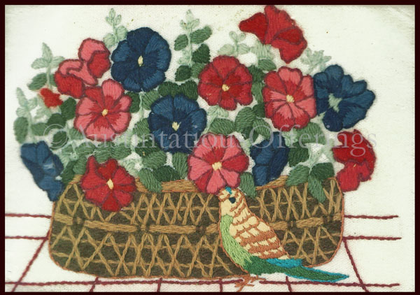 Rare Baatz Petunia Basket and Bird Floral Crewel Kit Parakeet