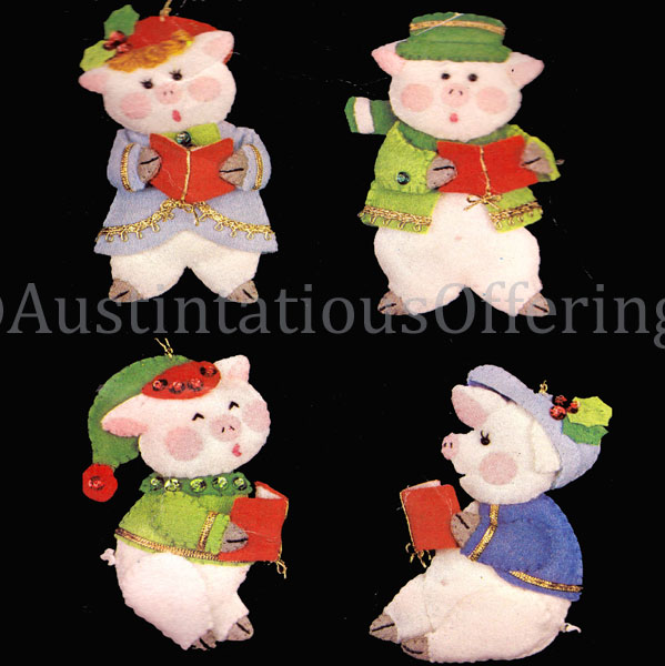 Piggy Christmas Carolers Ornaments Felt Applique Embroidery Kit