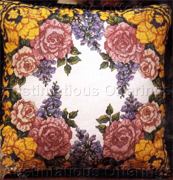 Rare Roses and Lilacs Cross Stitch Pillow Kit Blue Gold Scroll