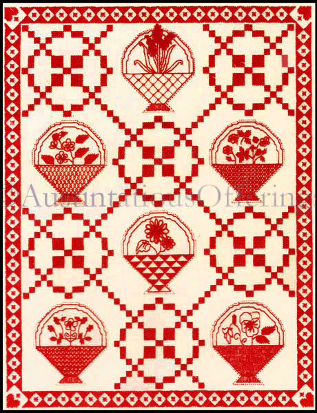 Rare Redwork on Ivory CrossStitch Kit Quilt Flower Baskets