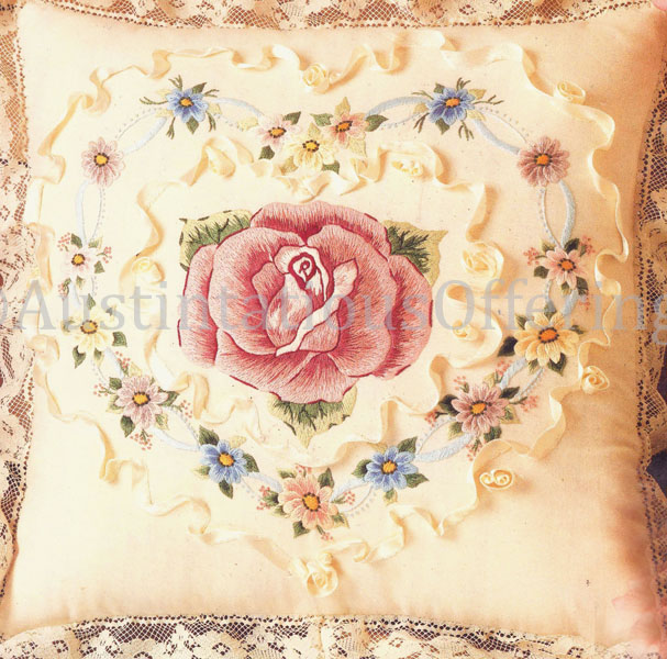 Delicate Rose Floral Heart Crewel Embroidery Kit Silk Ribbon