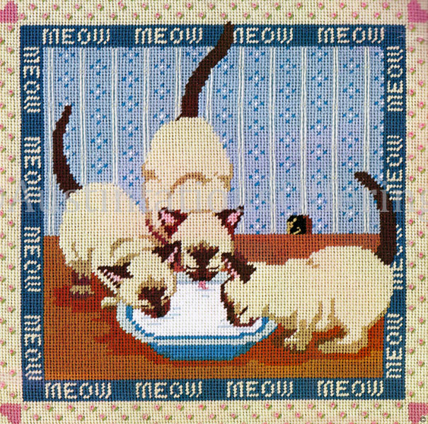 Rare Jean Day Siamese Cats Needlepoint Kit Kittens Milk Bowl
