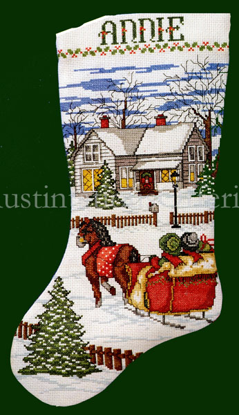 Rare Christmas Sleigh CrossStitch Stocking Kit Victorian Town
