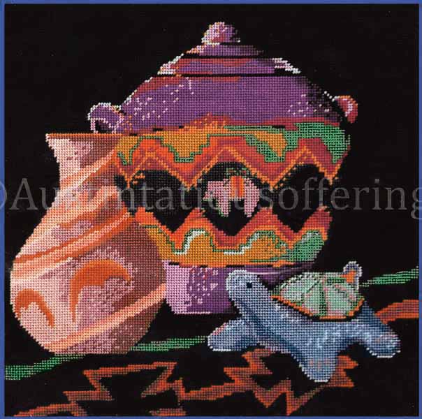 Rare Southwest Pottery StillLife Needlepoint Kit Bear Turtle