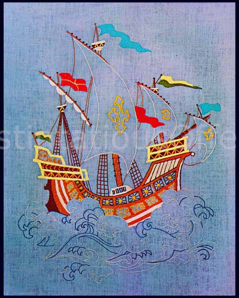 Rare Spanish Galleon Merchant Ship Crewel Embroidery Kit