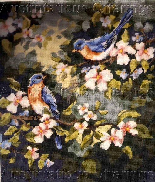 Rare Gillum Spring Bluebirds w Dogwood Blossoms Needlepoint Kit