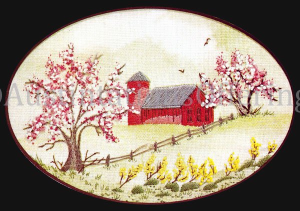 Rare Alexander Spring Farm Yard Crewel Embroidery Apple Blossoms