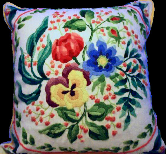 LeClair Floral Trio Finished Crewel Embroidery Pillow BarbaraAnn