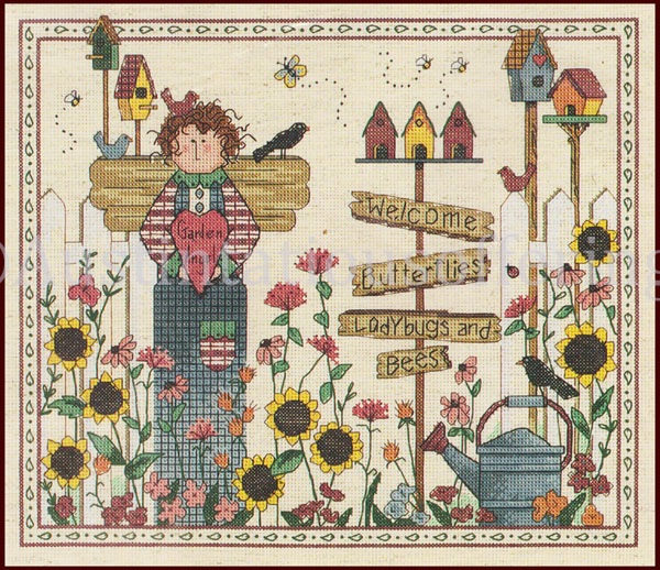 Rare Deb Strain Whimsical Folkart Garden Angel Cross Stitch Kit