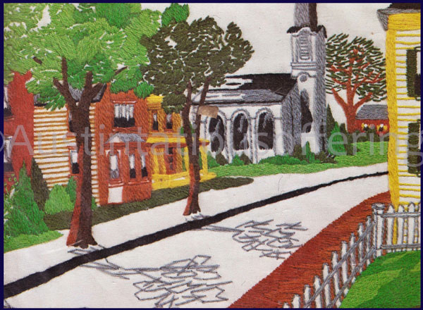 Rare Country Village Street Scene Crewel Embroidery Kit Church