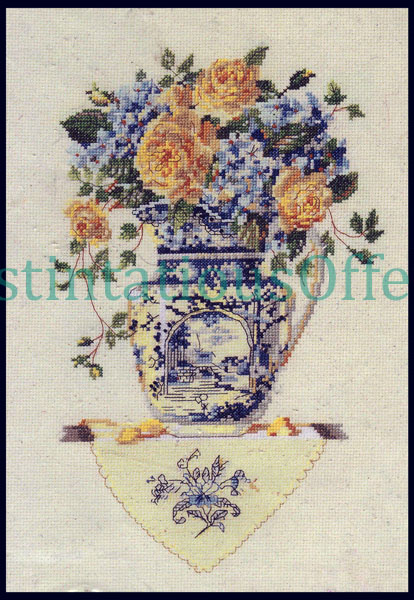 Rare Clough Blue Pictoral Vase Lush Yellow Roses CrossStitch Kit