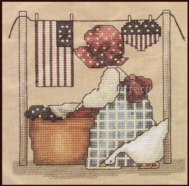 Rare Lynne Patriotic FolkArt Laundry Day Cross Stitch Kit