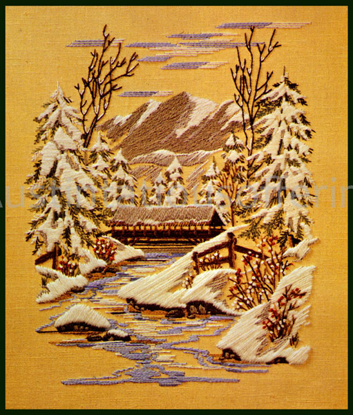 Rare Ginther Winter Scene Crewel Embroidery Kit Covered Bridge